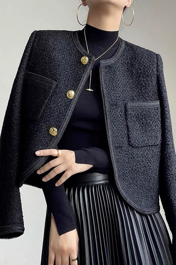 Chal de tweed negro Solapa corta de mujer Abrigo de mujer